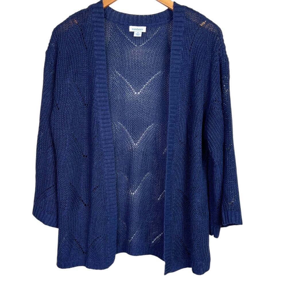 Sundance Linen Blend Open Knit Cardigan Chevron Blue Relaxed Boho in Blue W's Sm